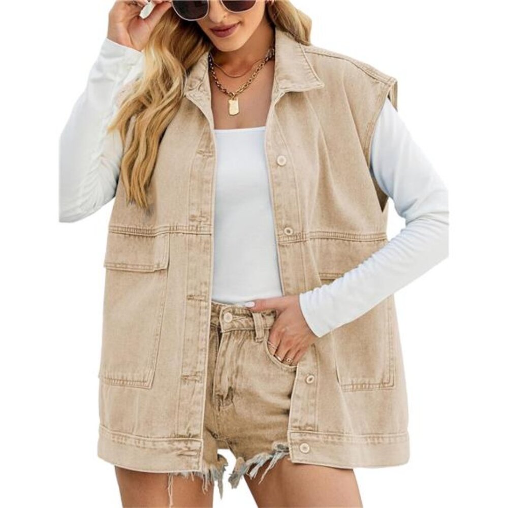 New Women's Cropped Distressed Denim Vest - Ripped Sleeveless Jean Jacket with